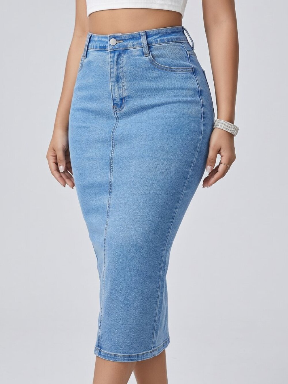 Women High Waist Stretch Denim Midi Skirt Back Slit Bodycon Jean Skirt